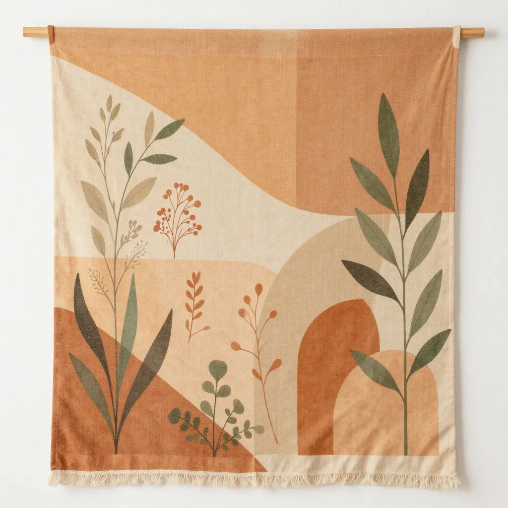 Handwoven textile wall hanging with geometric patterns